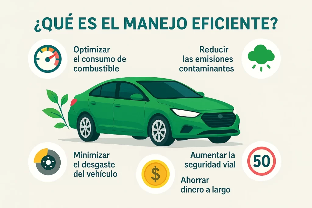 Infografía sobre manejo eficiente: auto verde y cinco iconos que resaltan ahorro de combustible, menos emisiones y mayor seguridad vial