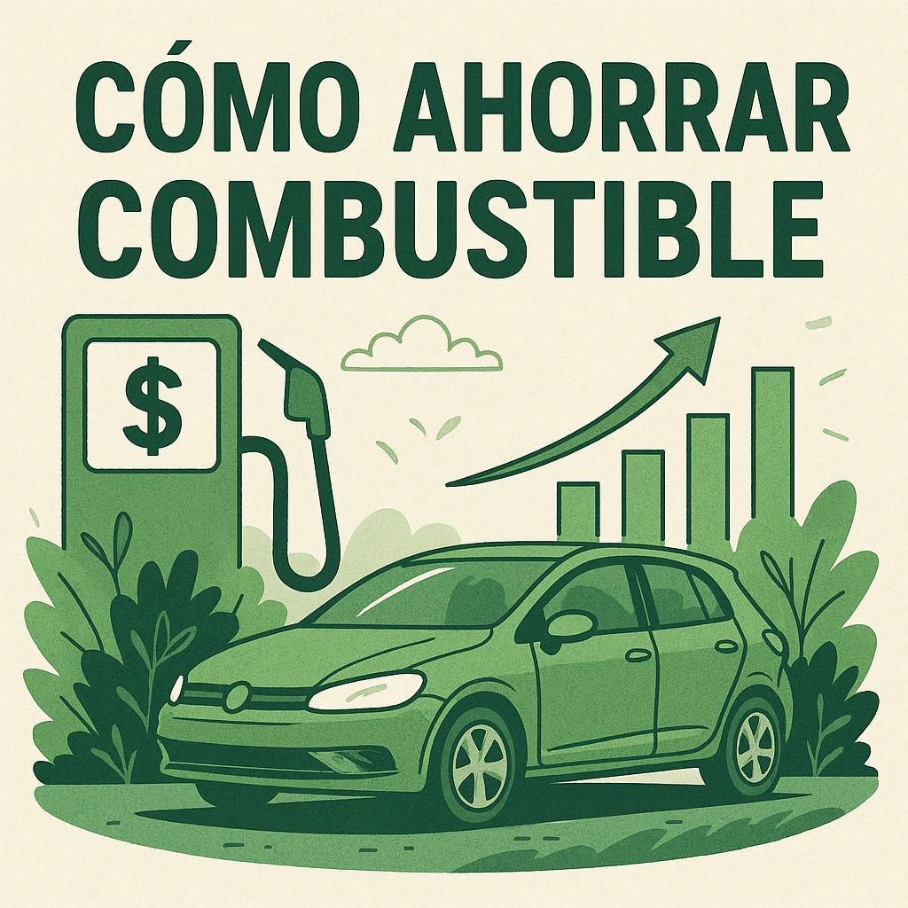 Ilustración en tonos verdes de un automóvil, una estación de gasolina y una gráfica ascendente, acompañada del título ‘Cómo ahorrar combustible’, que representa consejos para reducir el consumo de gasolina